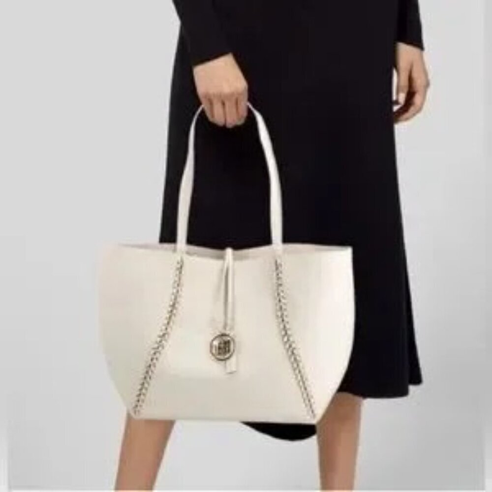 Badgely Mischka Decorative Chain Vegan Leather Tote, Off-White - NWT